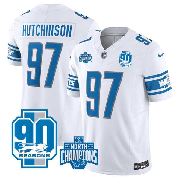 Men & Women & Youth Detroit Lions #97 Aidan Hutchinson White 2023 90th Anniversary North Division Champions Patch Limited Stitched Jersey